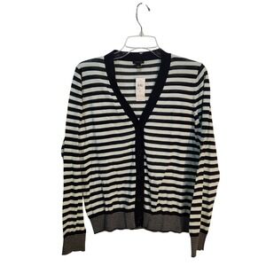 Ann Taylor Women's Striped V-Neck‎ Cardigan Navy White Cotton Blend Size L New